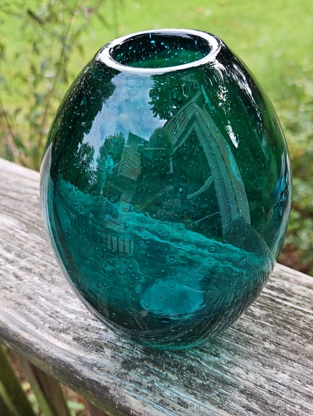 VTG Mid Century Teal Blue Green Art Glass Vase Heavy Polished Pontil